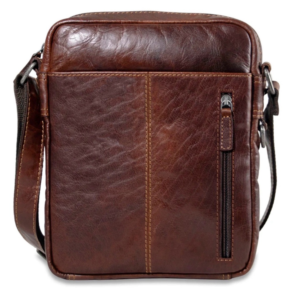 Men's/Unisex Jack George’s Brown Leather zippered Crossbody Bag w/Ft Zip Pocket. - Picture 12 of 15